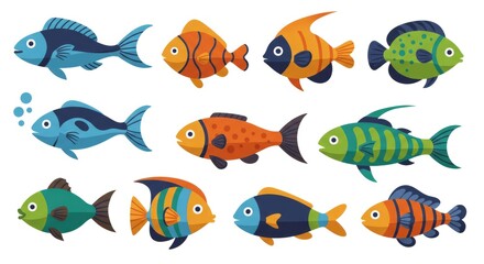 Fototapeta premium Collection Of Colorful Pixel Art Fish Illustrations