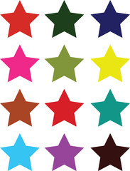 Colorful star shapes in various vibrant colors including red, green, blue, pink, yellow, brown, and more - perfect for educational, decorative, or graphic design use on white background.


