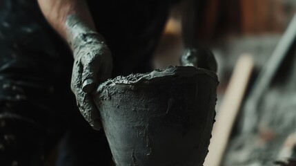 Construction worker applying mortar to a wall for bricklaying. Featuring focus and precision