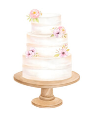 Watercolor wedding cake with pink flowers on wooden stand on transparent background.