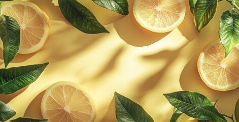 Fresh Lemon Slices Surrounded by Vibrant Green Leaves Against a Bright Yellow Background for Nature and Food Themes