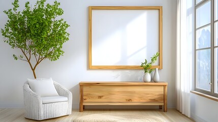 Bright And Modern Minimalist Living Space With Wooden Furniture And A Green Indoor Plant