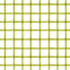 Green plaid watercolor seamless pattern. Hand drawn checkered background colored lines, geometric Scottish repeated clipart, geometric painting for wallpaper, fabric,packing design
