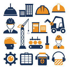 Construction Industry Icons: Buildings, Equipment, and Safety Gear