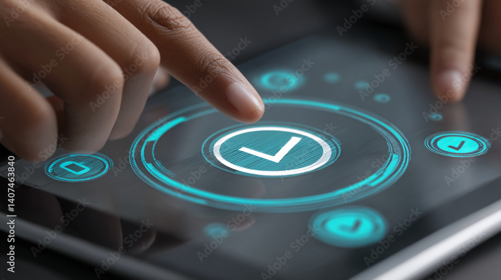 Poster close-up of finger interacting with tablet screen, displaying a glowing checkmark interface element 