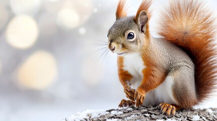 Fototapeta premium Curious Squirrel Sitting on a Snowy Log with Beautiful Bokeh Background in Winter Season