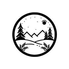 Minimalist Mountain Scene in Circle, Black and White, Stippled