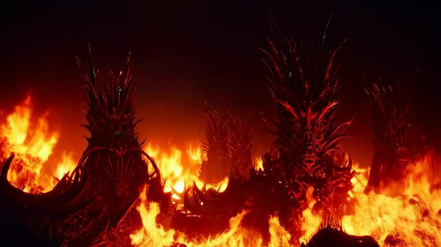 Fiery dragon emerges from flames in epic cinematic scene