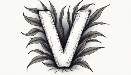 Botanical "V": Artistic rendering of the letter "V" enveloped in leaves, a harmonious fusion of typography and nature.