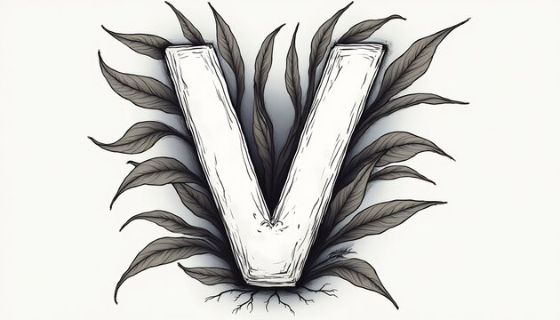 Botanical "V": Artistic rendering of the letter "V" enveloped in leaves, a harmonious fusion of typography and nature.