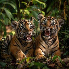 Fototapeta premium Adorable Baby Tiger Exploring the Wild with Innocent Eyes, Soft Stripes, and Playful Curiosity