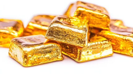 Assorted Golden Wrapped Chocolate Bars Piled Together on a White Background