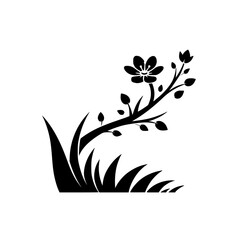 Black Floral Silhouette with Grass Element on White Background
