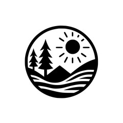 Minimalist Nature Logo: Sun, Trees, Mountains, & Water