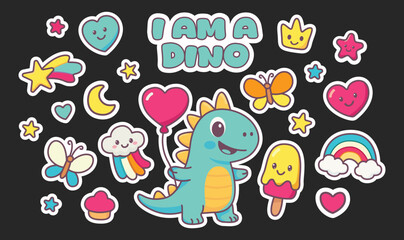 Cute Cartoon Dino with Rainbow, Ice Cream, Stars, and Hearts on Dark Background