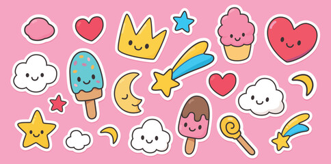 Cute Cartoon Clouds, Stars, Ice Cream, and Hearts on Pink Background Vector Illustration