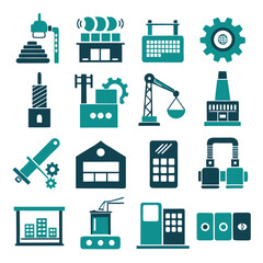 Industry and manufacturing vector icon collection in teal color