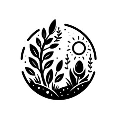 Simple Black & White Nature Icon, Circle Composition