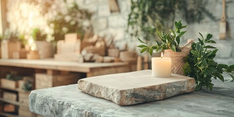 Serene Setting with Lit Candle on a Stone Slab with Plants for Decoration and Display