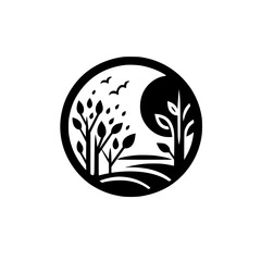 Minimalist Nature Logo: Trees, Birds, Landscape in Circle