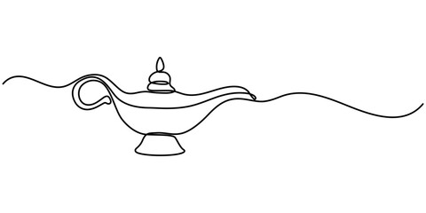 continuous line of aladin's lamp. single line of classic aladdin lamp vector. drawing one line isolated on white background, one line drawing magical lamp antique object vector illustration template. 