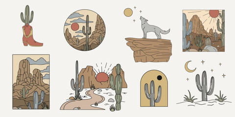 Wild west desert landscape illustration set