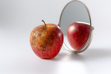 Wrinkled apple reflecting a fresh juicy apple in a small mirror on a white background, concept of hiding flaws and showing fake perfection