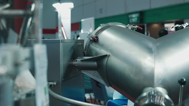 Large stainless steel V-blender used for mixing powders in food processing or pharmaceutical industry. V-shell blender machine
