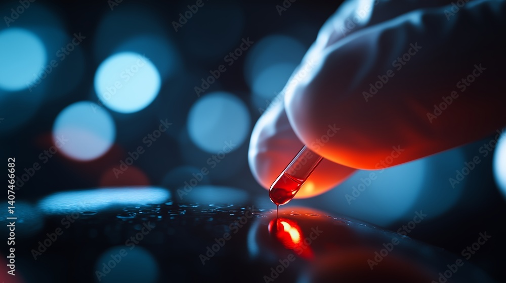 Poster close-up of a hand performing a scientific experiment with a pipette against a colorful background o