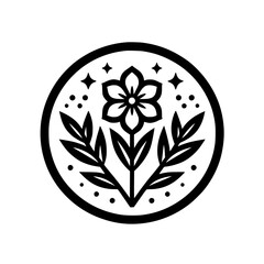 Floral Emblem in Circle, Minimalist Black and White Design