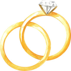 Watercolor illustration of two gold wedding rings, one with diamond on transparent background.