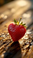 Heart-Shaped Strawberry on Weathered Wood in Golden Sunlight