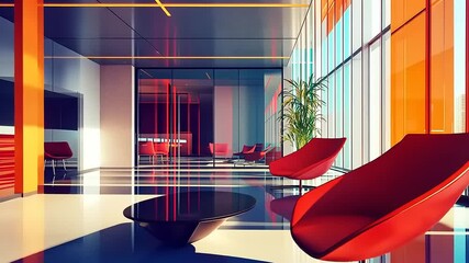 Modern office interior with red chairs and vibrant glass walls