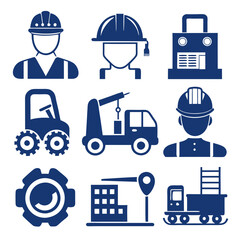Construction and Engineering Icons: Worker, Machine, and Vehicles