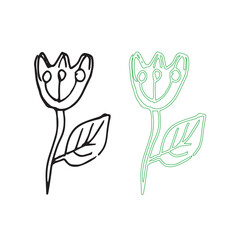 A hand-drawn black-and-white and colored set of doodles with elements of floral and plant design, a vector set of illustrations on a white background. For printing and textile postcards.