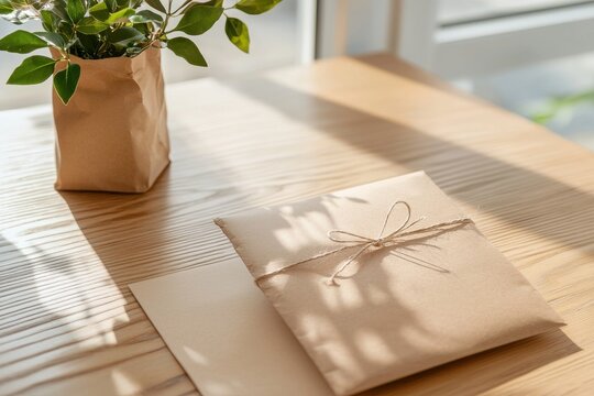 Simple Eco-Friendly Gift Presented on Rustic Wooden Table with Natural Plant Decoration, Warm Light