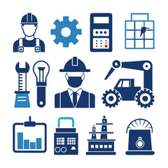 Industrial and engineering icons, workers, machinery, and industry