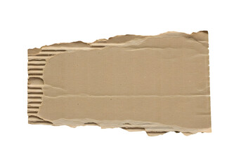 Rough Textured Brown Corrugated Cardboard Scrap with Torn Edges Isolated on PNG Background.
