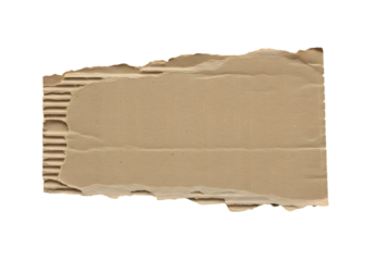 Rough Textured Brown Corrugated Cardboard Scrap with Torn Edges Isolated on PNG Background.