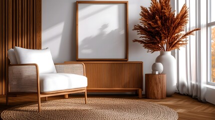 Modern Living Room Interior with Wooden Furniture and Natural Textures in Neutral Tones