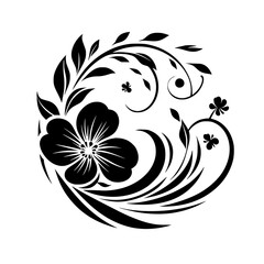 Black Floral Motif on White, Minimalist Design, Decorative Element