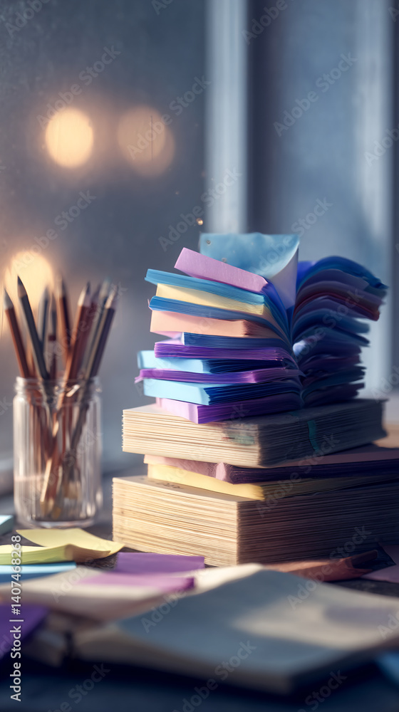 Fototapete Stack of colorful sticky notes and notebooks near pencils, creating a studious or creative workspace scene, symbolizing productivity, organization, and planning