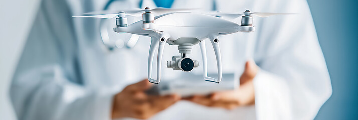 Medical professional controls drone equipped with camera in clinical environment. Bright, sterile setting highlights advanced technology for health monitoring