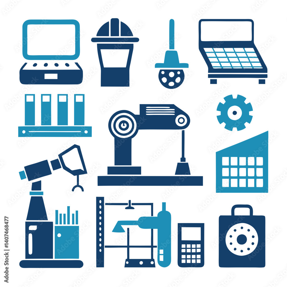 Poster illustration of automated industrial factory with robots and machines