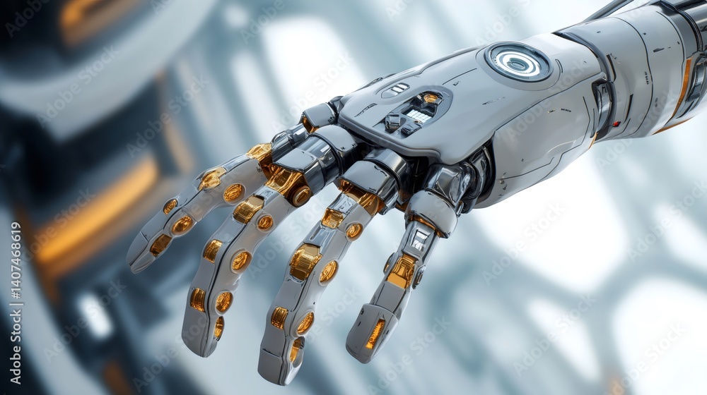 Poster robotic arm extending hand in technological environment