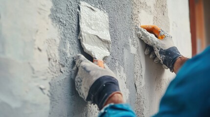 Construction worker applying plaster to a wall. Featuring skill and attention to detail