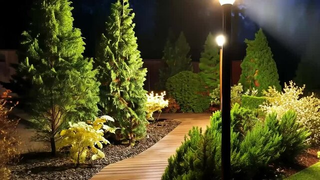 Nighttime garden path lighting, backyard landscaping design