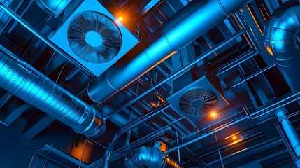 Industrial Mechanical Design Featuring Blue Metallic Pipes and Ventilation Systems in Dim Lighting