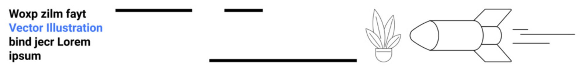 Rocket in motion next to a potted plant illustration with placeholder text and lines. Ideal for technology, startup growth, eco-friendly innovation, minimalism, education, creativity, flat landing