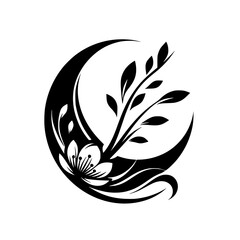 Black & White Floral Crescent Moon Design, Minimalist Vector